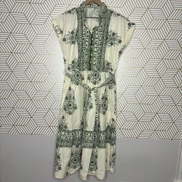 Kaktus Dresses & Skirts - Kaktus Shirt Dress Medium Ivory Green Floral Cotton Belted Button Midi Boho Cap